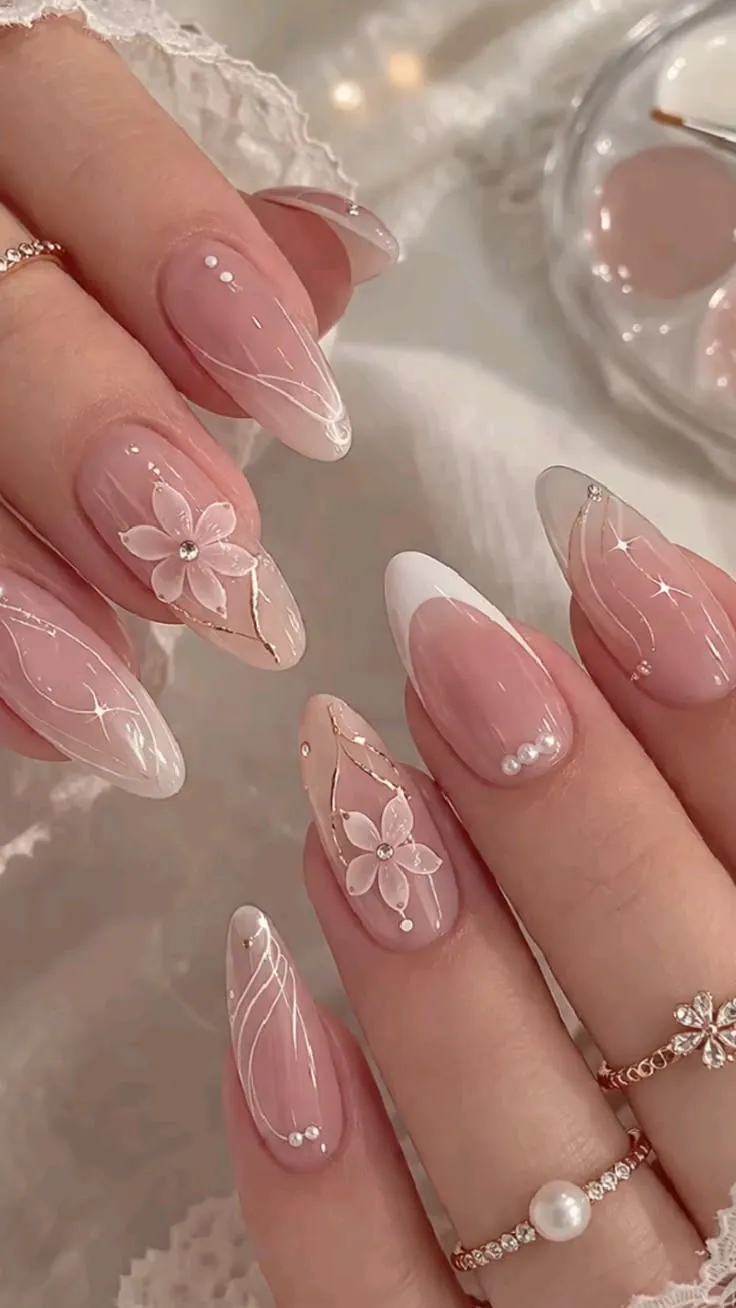 Bridal pink almond gel nails with 3D floral and pearl accents — wedding nail art South Austin 78745 Le Posh