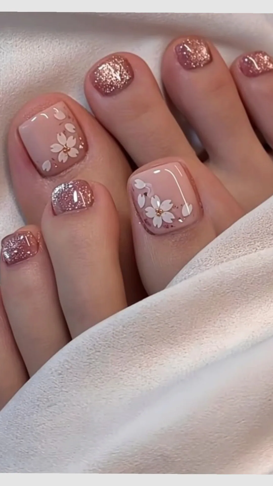 Rose-gold glitter pedicure with cherry blossom nail art — pedicure 78745 ATX at Le Posh Nail Spa