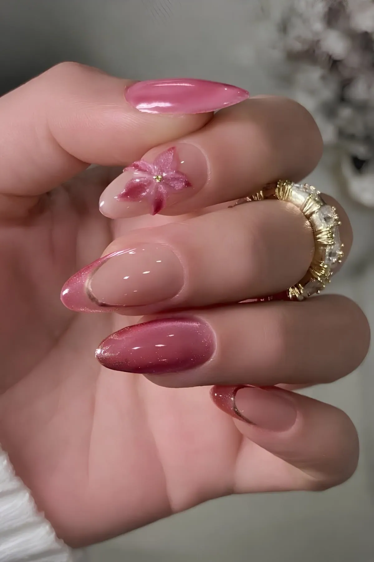 Pink chrome almond gel manicure with 3D flower accent — South Austin nail salon Le Posh 78745