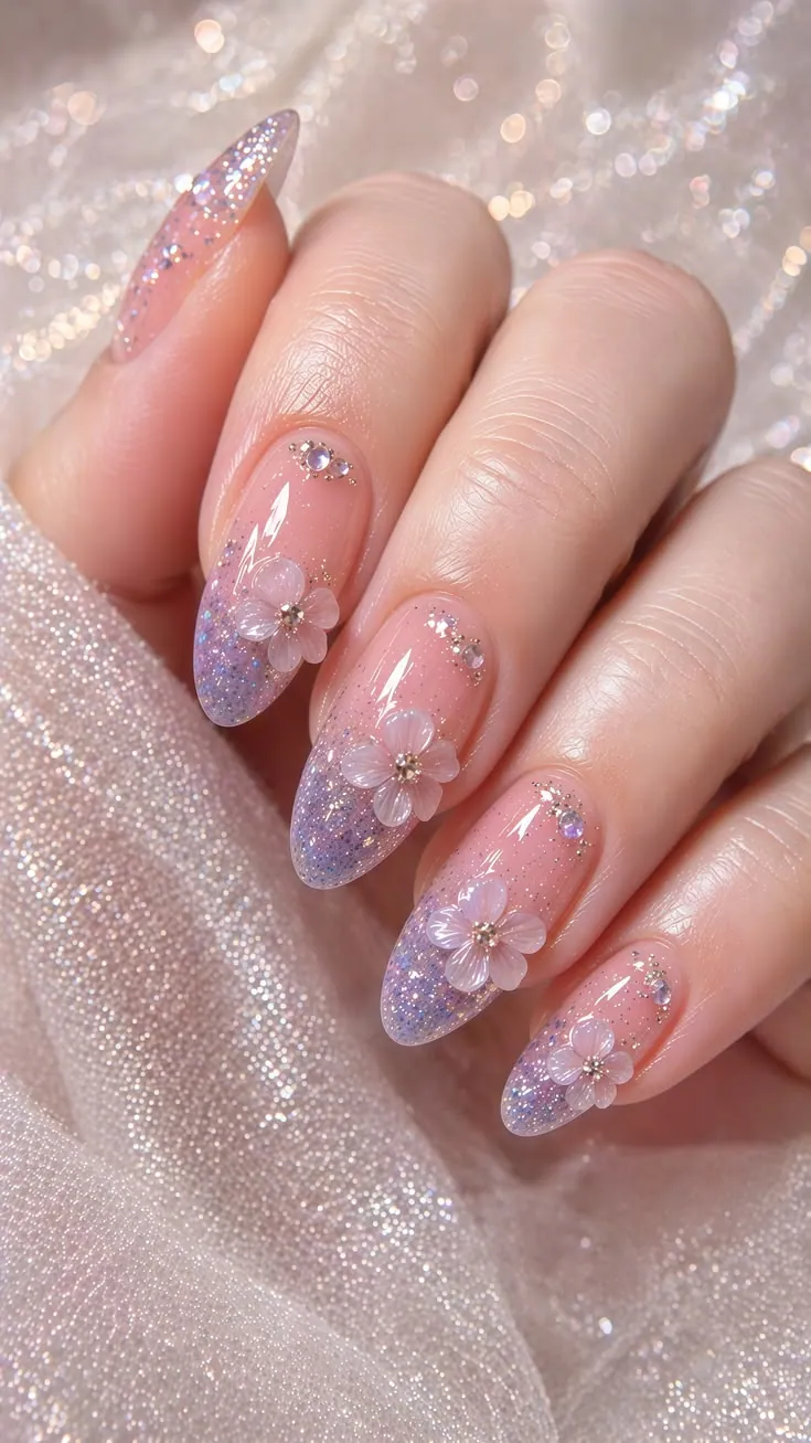 Lavender ombré almond gel manicure with 3D floral nail art — Le Posh nail salon, South Austin 78745 ATX