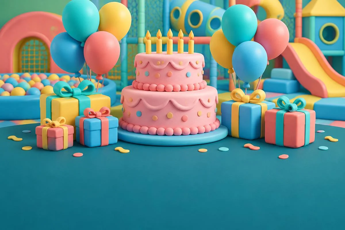 Illustrated birthday cake, balloons and wrapped presents