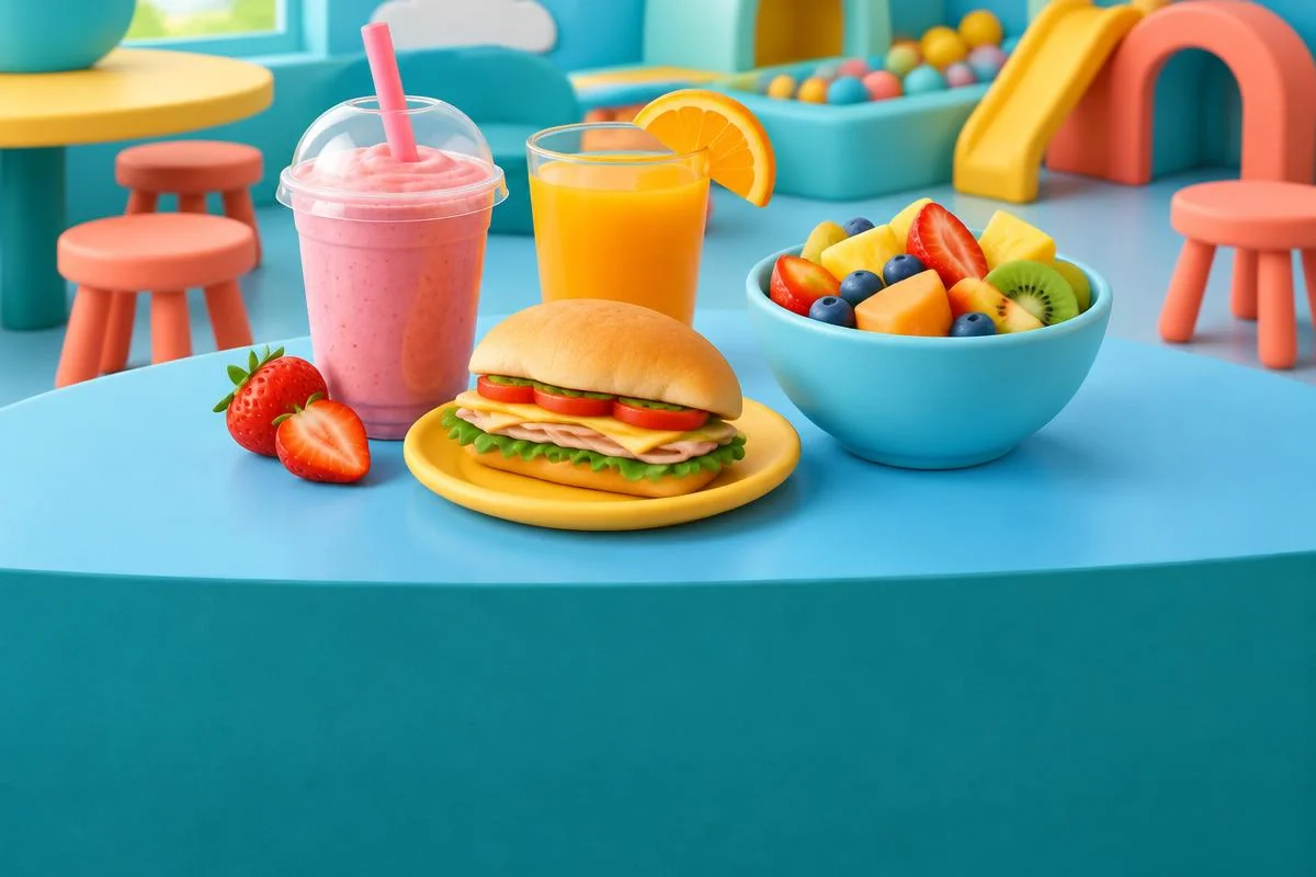 Illustrated café snacks, fruit and colorful drinks