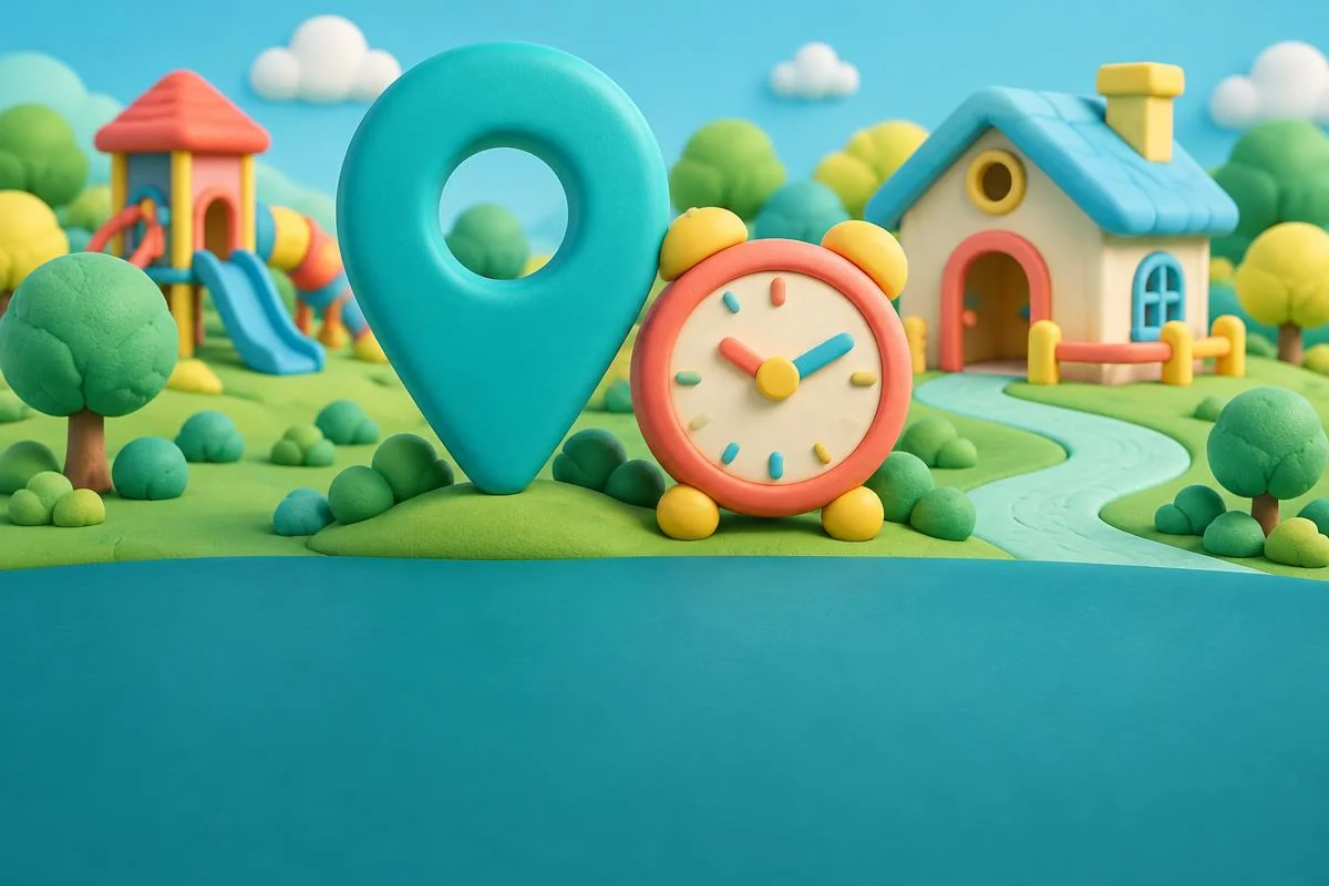 Playful illustration of a map pin and clock beside a little playhouse